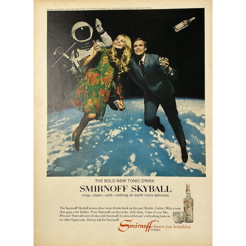 Smirnoff Vodka "Skyball Tonic Drink"Floating in Space Scene Vintage Print Ad '67